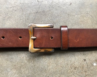 90s Thick Brown Leather Heavy Duty Grunge Belt 1990s Vintage Gap M L 32 33 34 35 36 Waist Tarnished Square Solid Brass Buckle Rustic Unisex