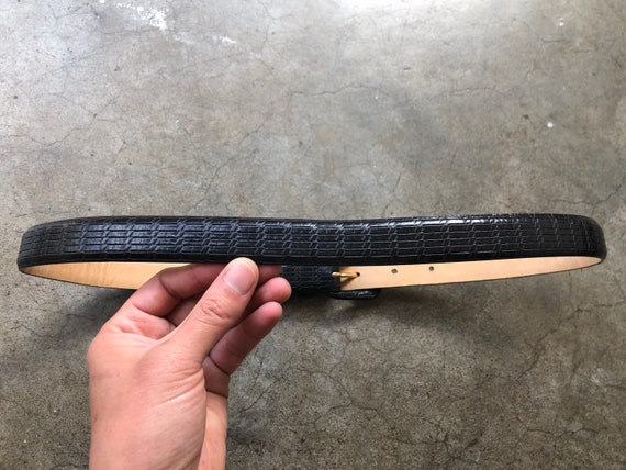 Slim Soft Thick Black Leather Belt Embossed Toole… - image 8