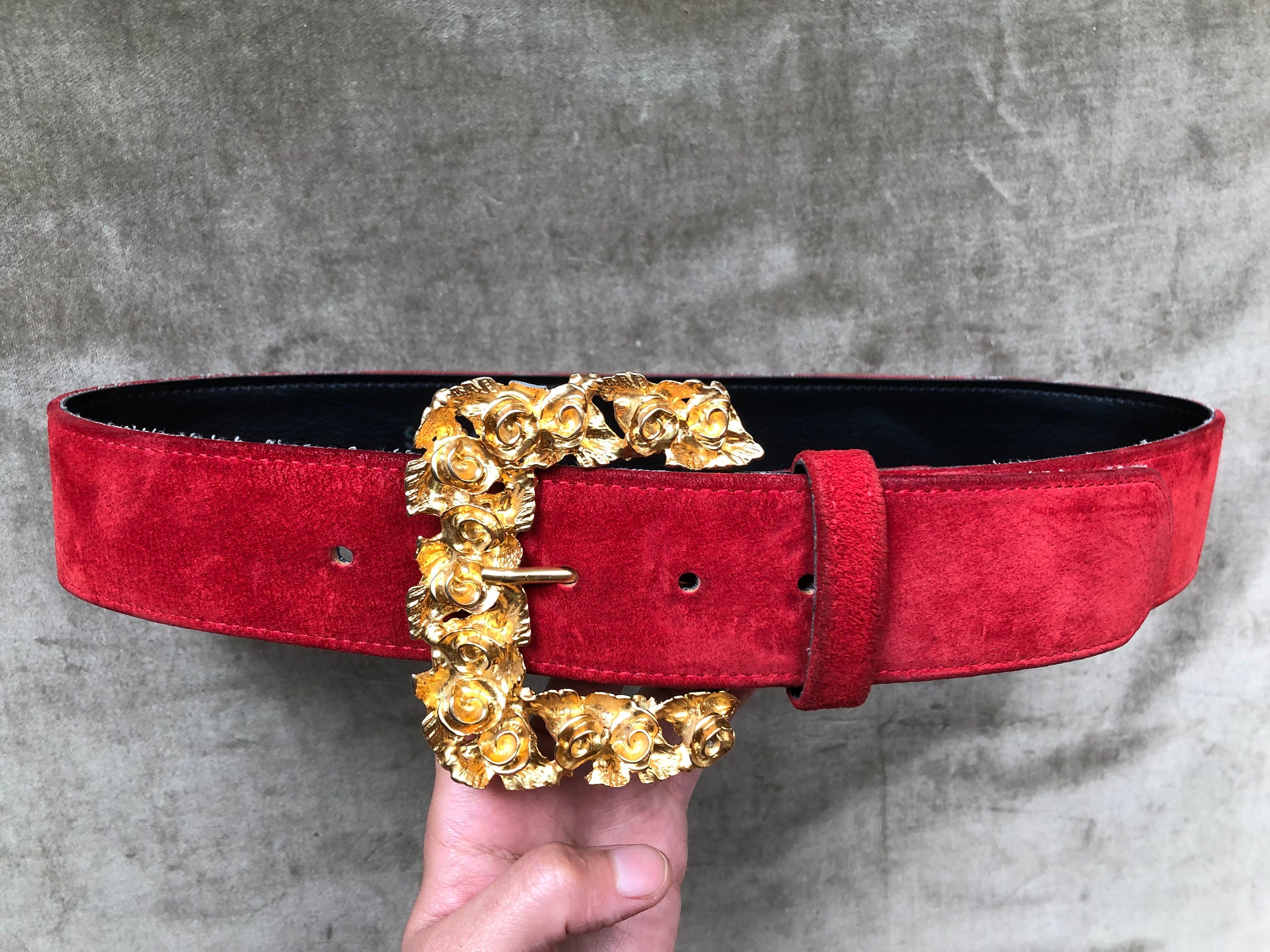 Vintage 80s Statement Belt Red Suede Leather Gold Ornate Buckle Wide Thick Big 80s 90s Wide Earthy Red Suede Leather Retro Belt Gold Chunky  main image 2