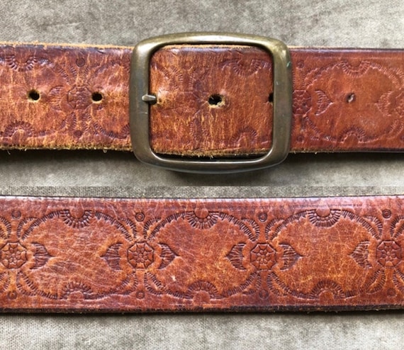 70s Floral Tooled Brown Thick Leather Belt Wester… - image 1