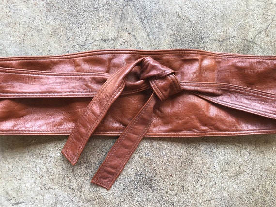 70s Brown Wide Thin Leather Sash Tie Fashion Belt… - image 7