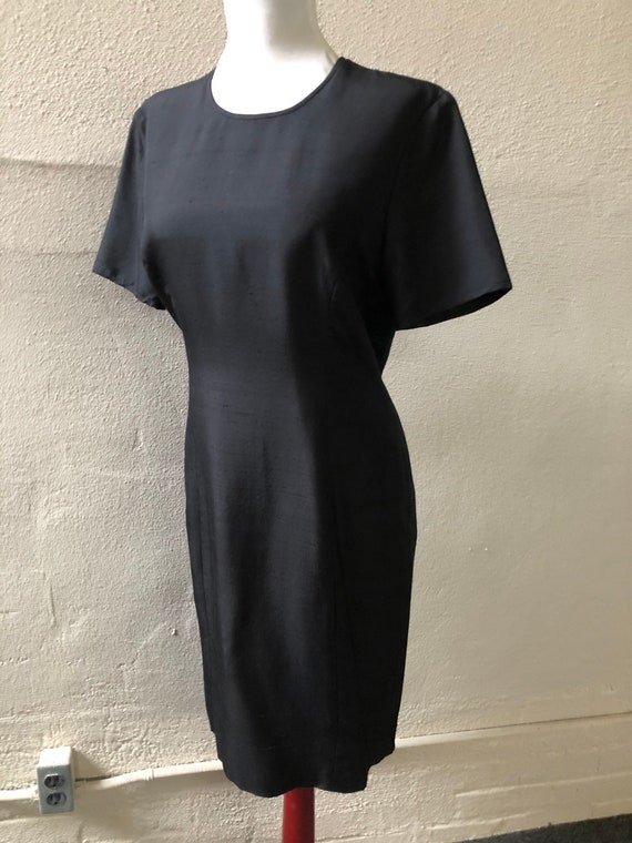 90s Raw Silk Black Short Sleeve Simple Shantung D… - image 4