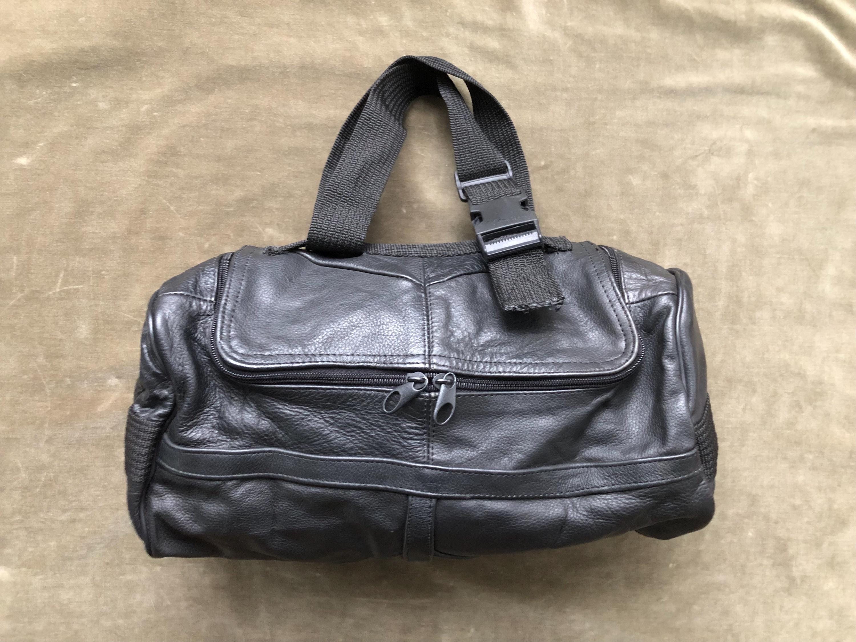 1980s 90s Petite Soft Thick Black Leather Patchwork Duffle Duffel