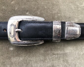Skinny Black Leather Western Dress Belt Silver Tarnished  display picture 2