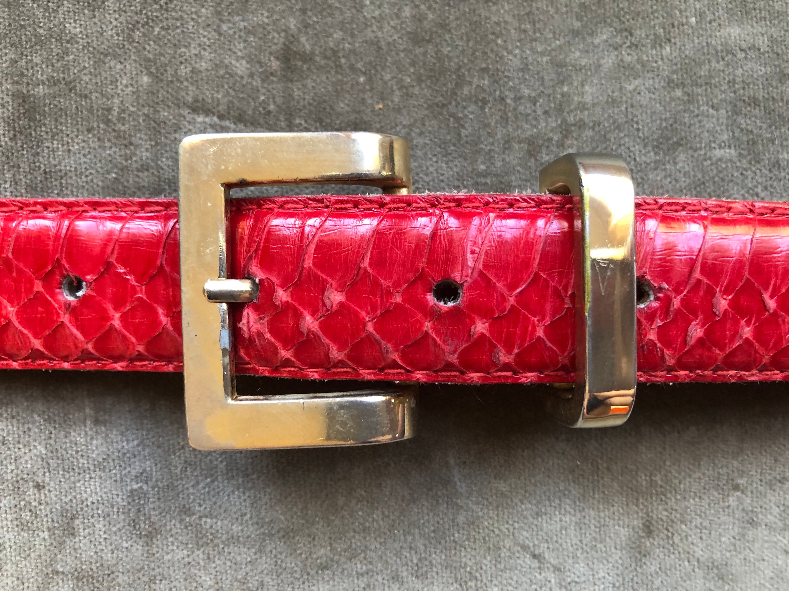 70s 80s Genuine Snakeskin Red Shimmery Leather Belt 1970s 