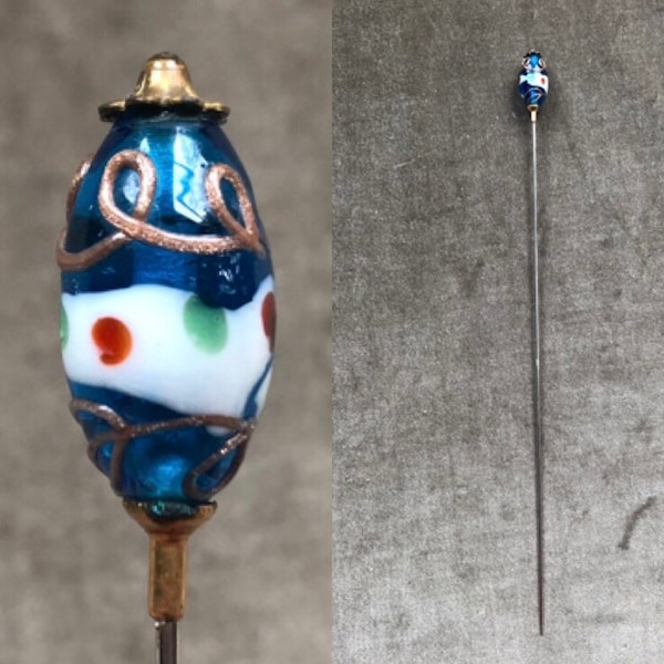 Antique Victorian Extra Long 10" Hat Pin Stick Vintage Blue Art Glass Bead Italian Lampwork Millefiori Splatter Italy Swirl Venetian Hatpin