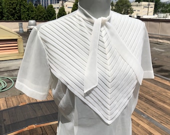 1950’s Semi Sheer Pleated Chevron Yoke White Nylon Fitted Blouse Button Up Bow Tie Neck M L 50&#39;s Womens Vintage Pin Up Rockabilly Judy Bond