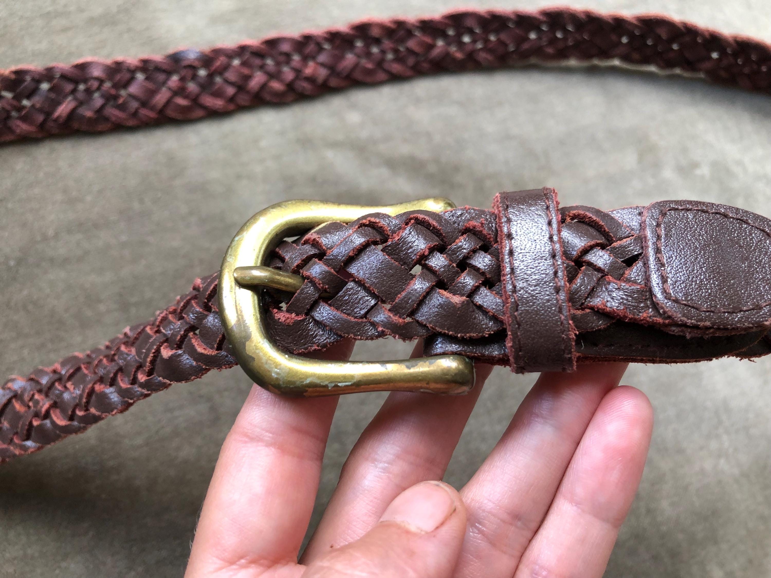 Vintage LP Brown Woven Leather Wide Belt Brass Buckle Size S Vintage Brown Leather Waist Belt: Antique Brass Buckle, Wide  main image 2
