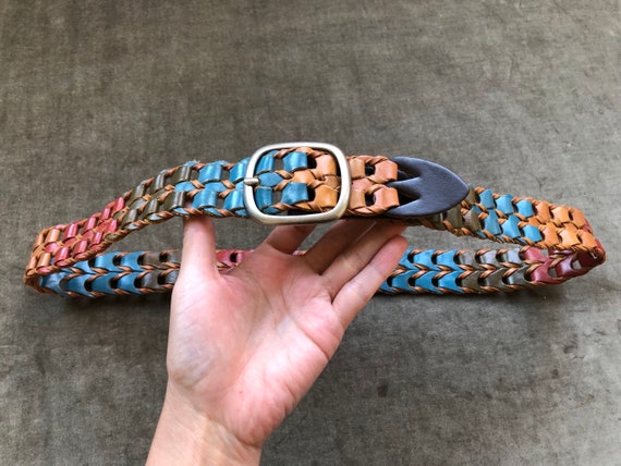 90s Y2k Boho Leather Multicolor Chain Link Woven Belt Size S 