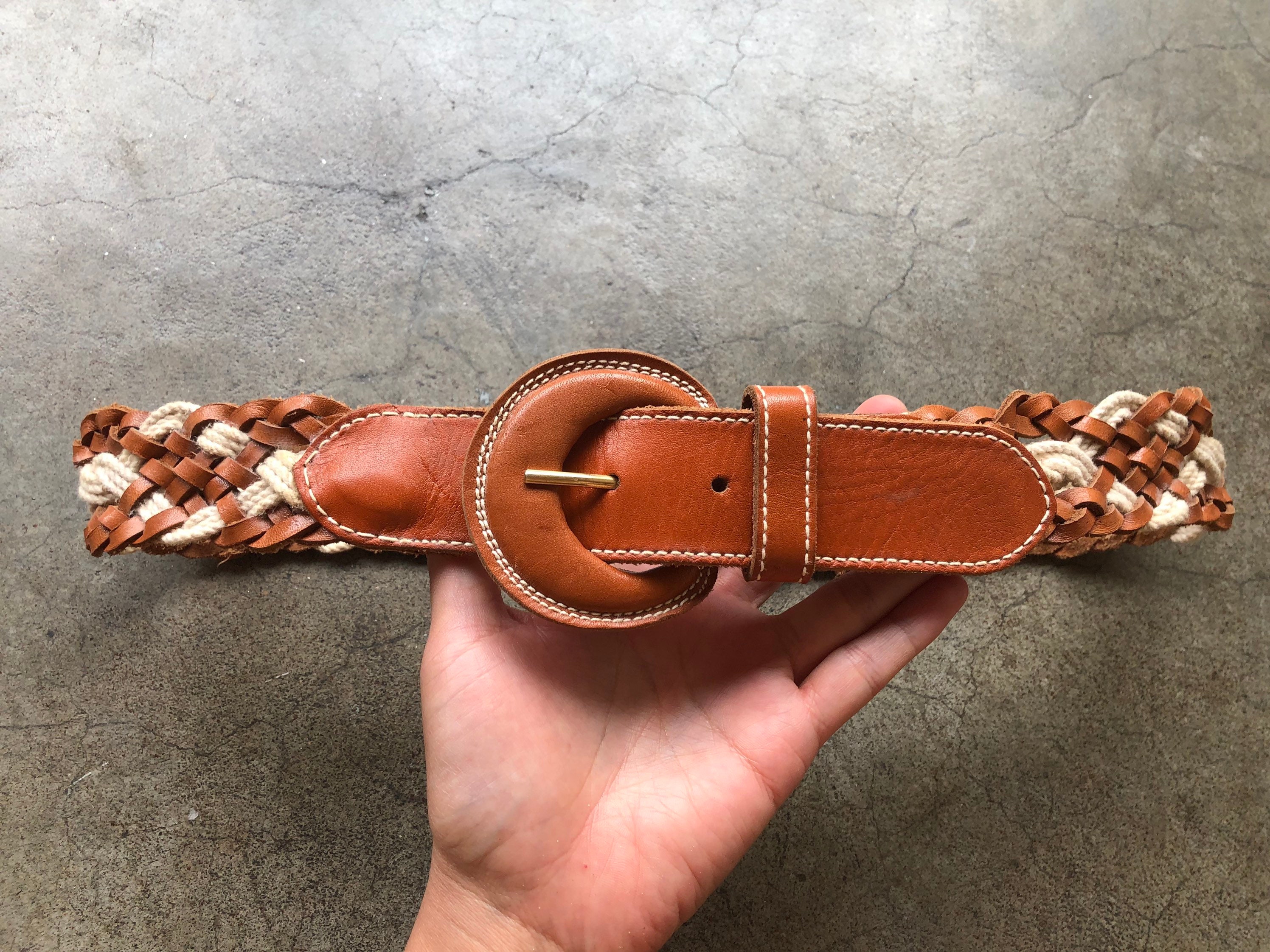 70s 80s Wide Brown Tan Leather Cotton Rope Woven Belt 