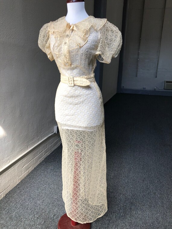 Antique 1930s Sheer Ivory Cream Floral Embroidere… - image 7
