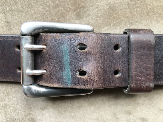 90s Dark Brown Thick Leather Wide Heavy Duty Belt Boho Grunge 1990s Vintage  L XL Size 34 36 38 Double Prong Silver Buckle Distressed Rustic 
