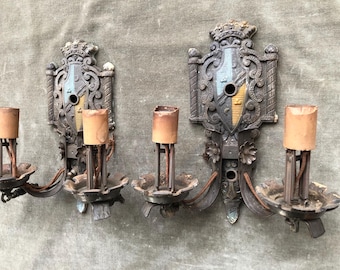 1920s Antique Dog Head Pair Set Spanish Revival Hammered Gothic