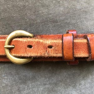 Thick Brown Tan Leather Ranger Belt Slim Solid Brass Buckle 30 31 32 Waist S M L Vintage Western Southwestern Unisex Mens Rustic Distressed