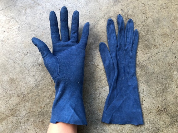 Antique Blue Suede Leather Gloves Size XS 6 6.25 … - image 3