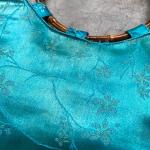 Distressed 90s Teal Turquoise Blue Faded Silk Satin Chinese Floral Print Bamboo O Ring Handle Boho Purse Bag Handbag Vintage Retro 1990s image 4