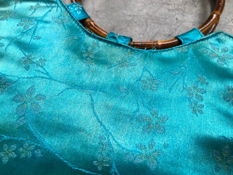 Distressed 90s Teal Turquoise Blue Faded Silk Satin Chinese Floral Print Bamboo O Ring Handle Boho Purse Bag Handbag Vintage Retro 1990s image 4
