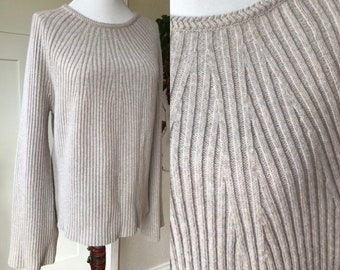 Cashmere Wool Rib Knit Long Bell Sleeve Pullover Sweater Size S Vintage Fair Isle Ribbed Pale Light Gray Grey Helmut Lang Boho y2k Tweed Top