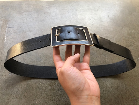 90s Thick Black Leather Belt Retro Large Square Buckle 90s Thick Black Leather Belt Retro Large Square Buckle