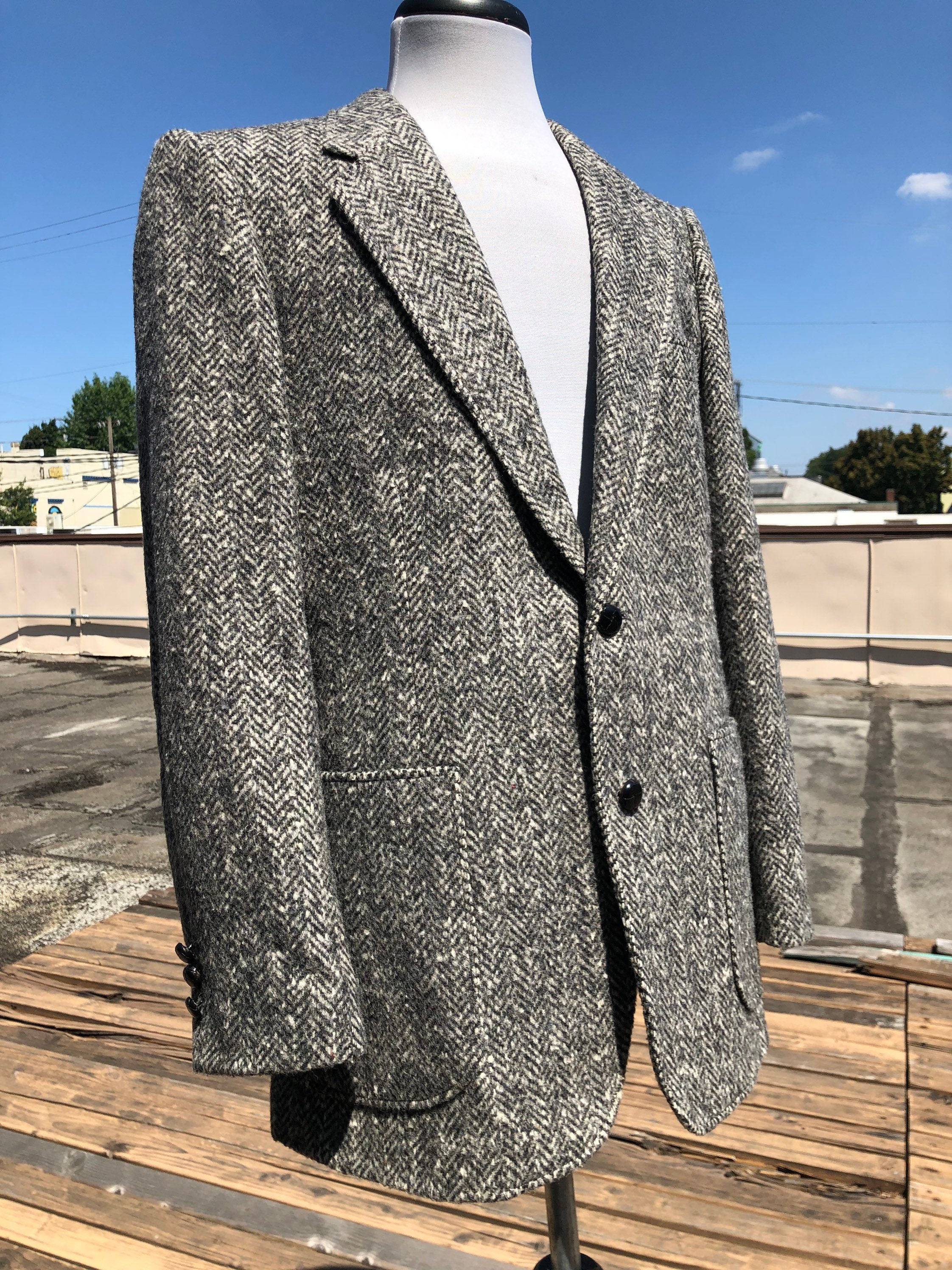 Mens Thick Tweed Wool Gray Grey Herringbone Striped Woven