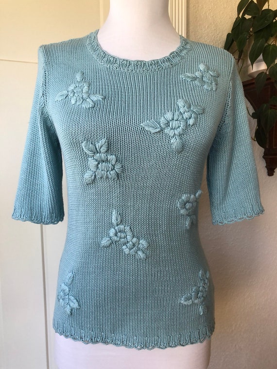 Silk Cotton Knit Short Sleeve Blouse Top Floral E… - image 7