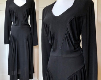 1940s Vogue Couturier Black Rayon Long Sleeve Smocked Modest Dress Gown 40s True Vintage sz S M Pin Up Rockabilly Goth Peasant Boho Ruched