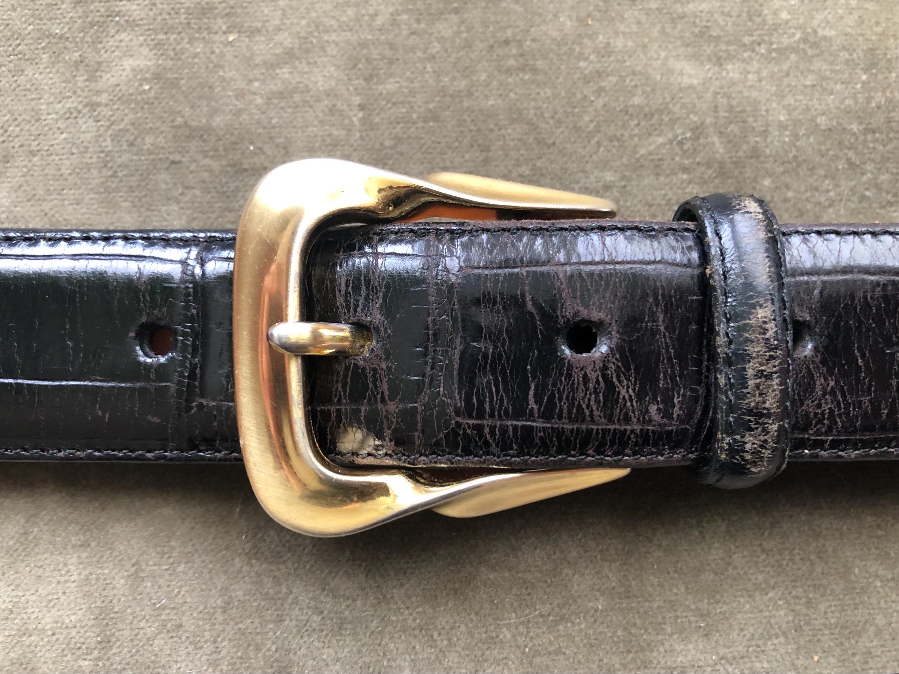 Italian Leather Black Lizard Embossed Belt Gold Buckle XL Vintage Black Lizard Embossed Leather Belt With Polished  main image 3
