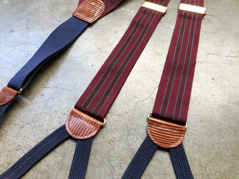 Retro Burgundy Woven Grosgrain Ribbon Green Pin Stripe Ribbon Tan Leather Adjustable Braces Suspenders Button On Vintage 90s 1990s Menswear