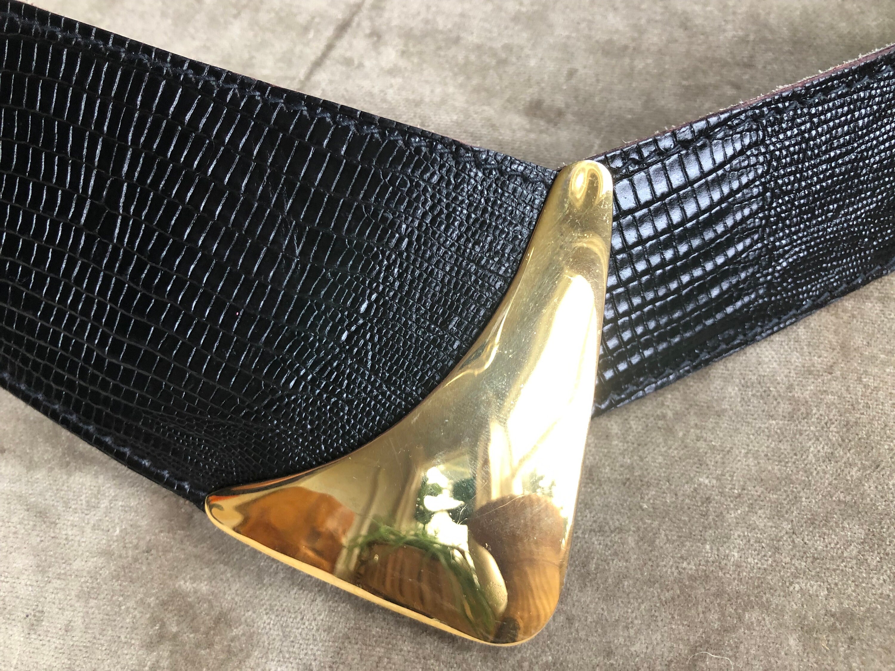 80s Wide Black Leather Retro Belt Iguana Lizard Embossed  display picture 1