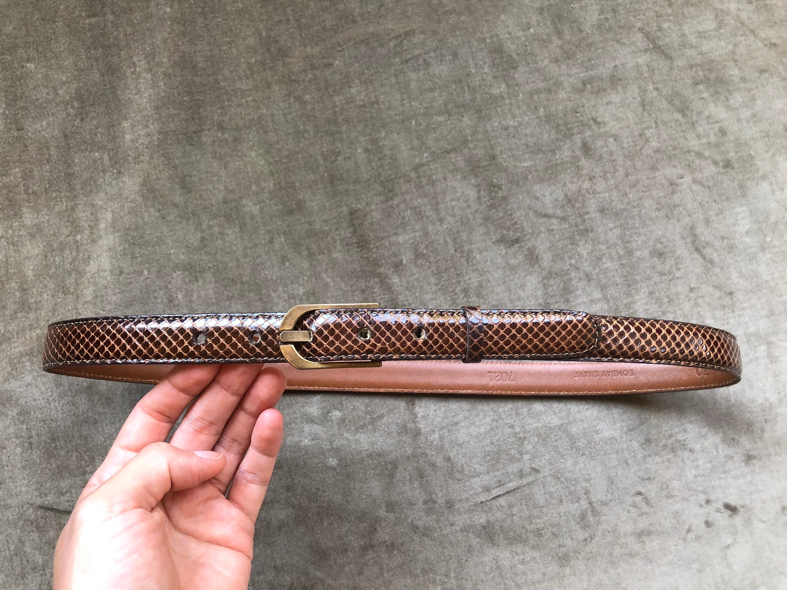 ?ACCNY Vintage Shiny gunmetal brass buckle, skinny snakeskin adjustable belt Skinny Snakeskin Shimmery Dark Brown Patent Slim Leather  main image 4