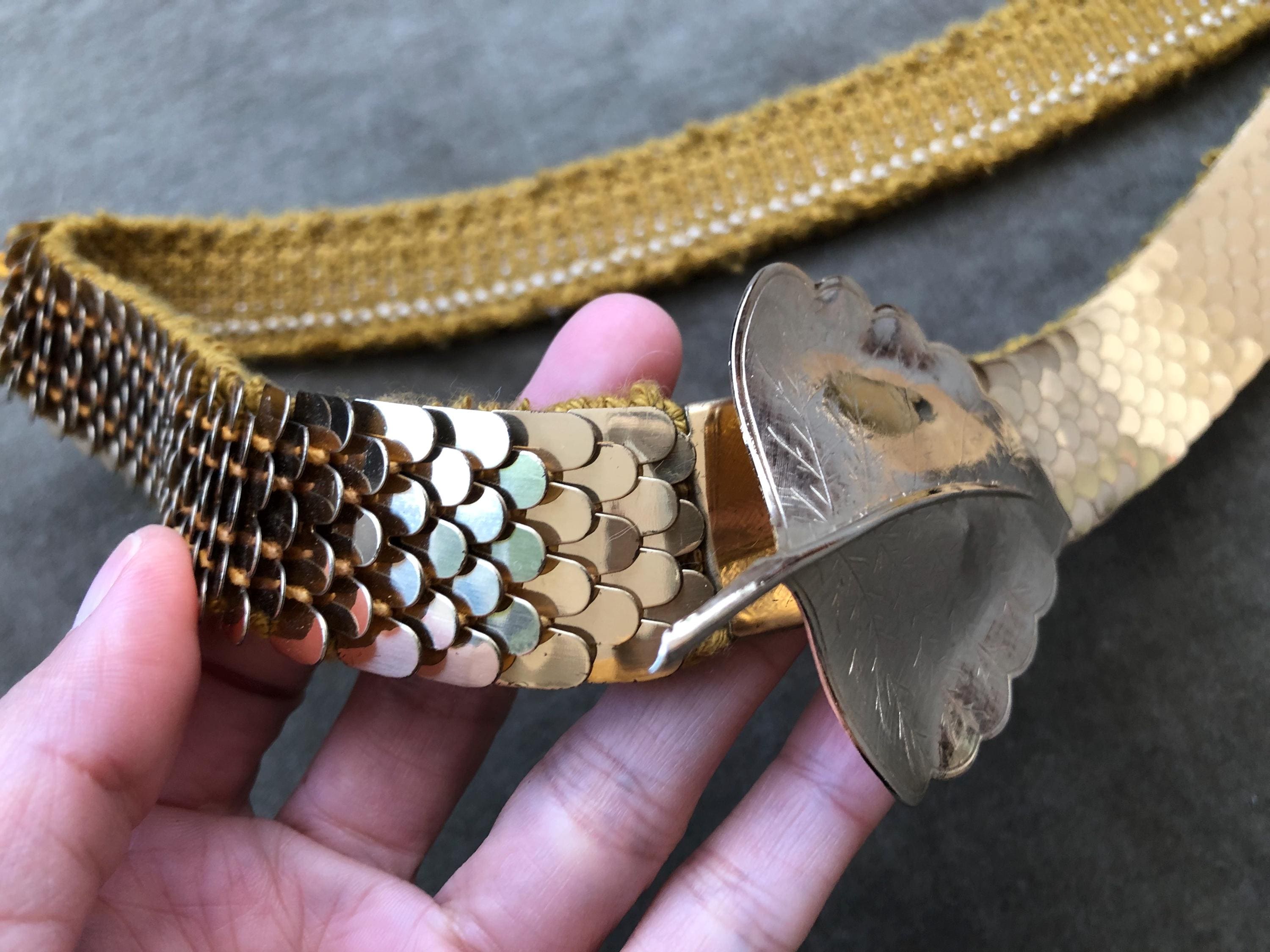 70s Metal Fish Scale Stretch Belt w/ Celestial Buckle Vintage 70s Fish Scale Belt, Black Mermaid Tail Waistband  main image 3
