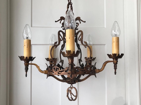 1920s Antique Bronze Seahorse Dragon Tudor Gothic Spanish Revival