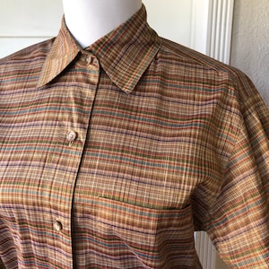 Shimmery Silk Iridescent Tweed Rainbow Plaid Woven Blouse Top Button Shirt Boxy 1990s 90s XS S Dupioni Shantung Vintage Gold Multicolor Silk