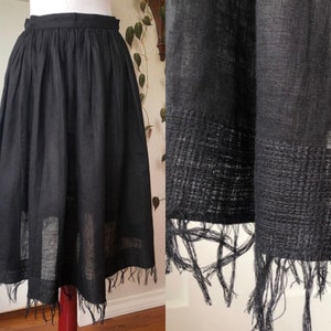 Linen Woven Floaty Black Semi Sheer Gathered Flared Peasant Skirt Raw Fringe Tassel Hem size S 4 Patio Boho 1990s 90s Vintage 1950s Insp
