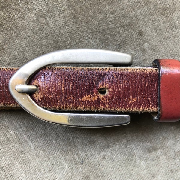 1960s 70s Skinny Burgundy Leather Western Belt Dainty Retro Silver Buckle 60s 1970s Vintage Size xs S M 25 26 27 28 waist Slim Rustic Grunge