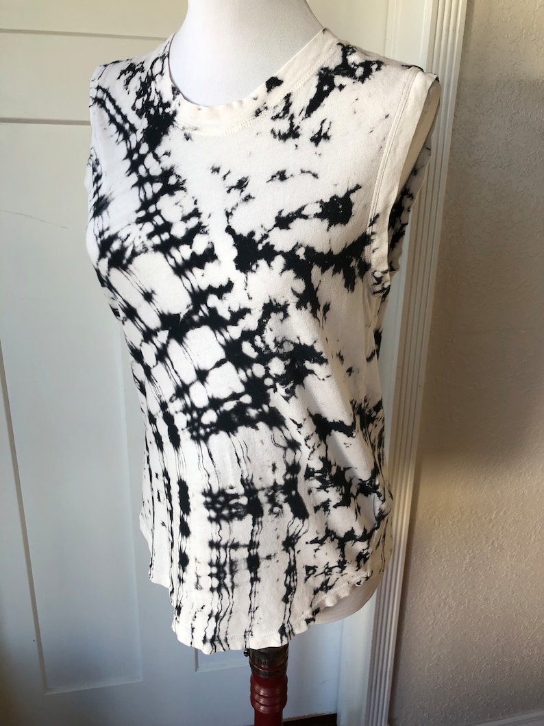 Raquel Allegra Designer Sleeveless Cotton Thin Knit Tee T Shirt Tank Distressed Tiedye Ink Splatter XS S California Boho White Black Grunge image 7