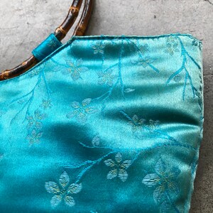 Distressed 90s Teal Turquoise Blue Faded Silk Satin Chinese Floral Print Bamboo O Ring Handle Boho Purse Bag Handbag Vintage Retro 1990s image 10