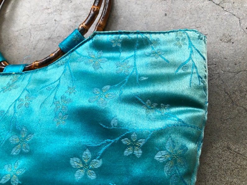 Distressed 90s Teal Turquoise Blue Faded Silk Satin Chinese Floral Print Bamboo O Ring Handle Boho Purse Bag Handbag Vintage Retro 1990s image 10