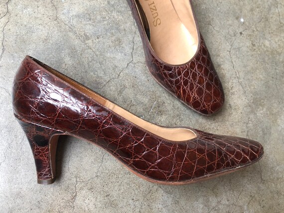 1960's Dark Brown Leather Glossy Croc Alligator Em