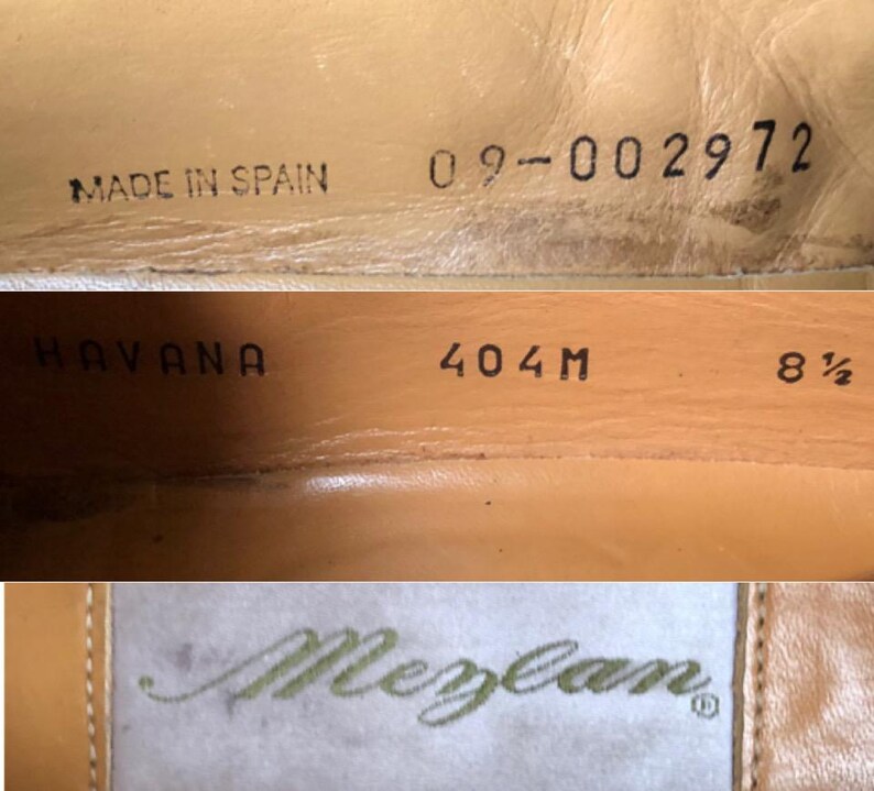 May include: Close-up of the interior of a brown leather shoe. The shoe is labeled "Havana" and "404M". The size is 8 1/2. The shoe is made in Spain and has a serial number 09-002972. The brand name "Meylan" is visible on a white label.