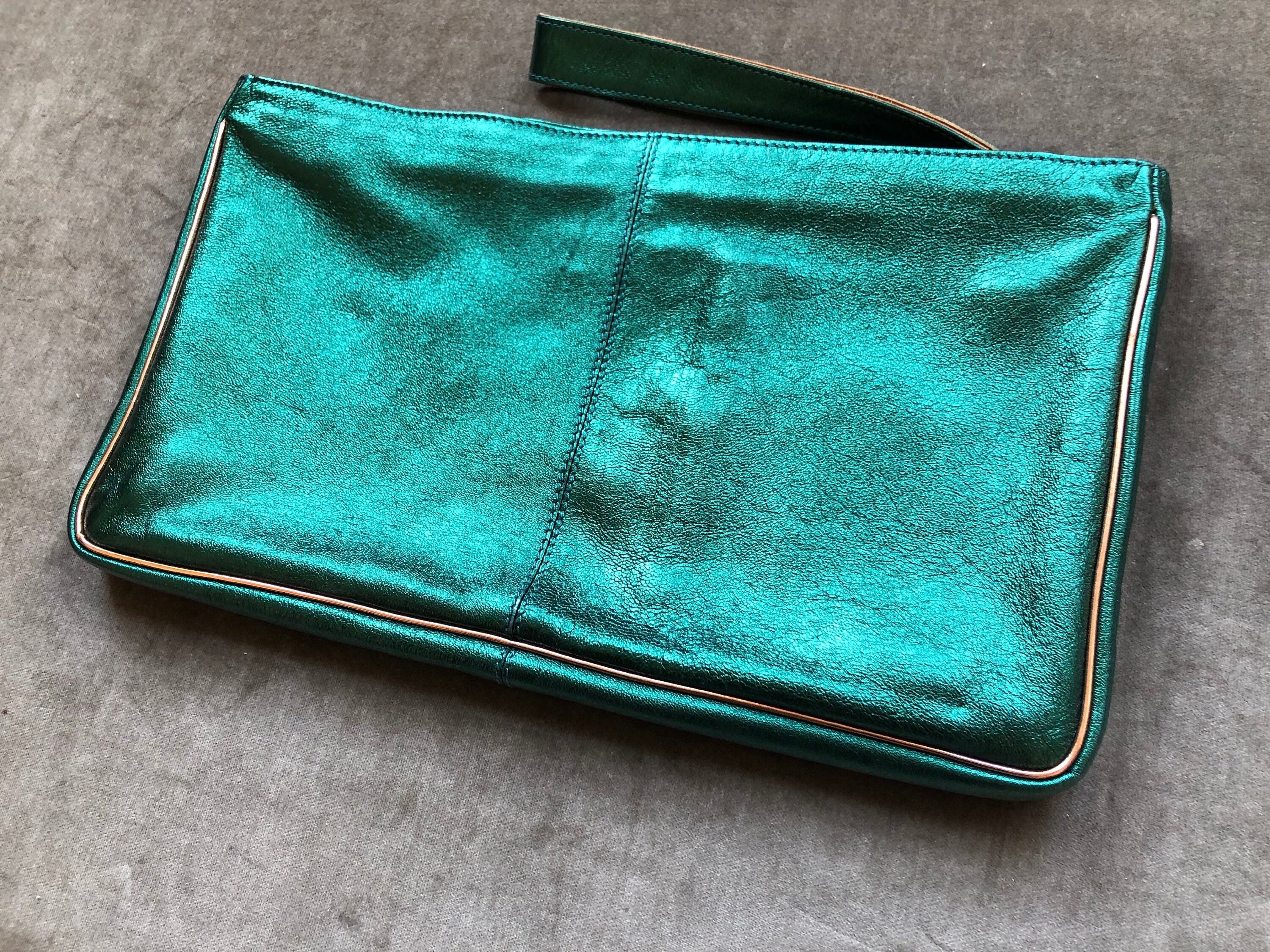 Dries Van Noten Dark Green Metallic Foil Leather Large Pochette