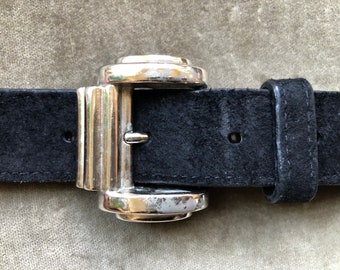 1980s 90s Black Suede Leather Petite Belt Shiny Silver Tone  display picture 3