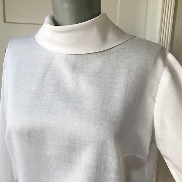 1960s White Semi Sheer Woven Long Puff Sleeve Boxy Blouse Shirt Turtle Cowl Neck Small Top 60s Vintage Retro Button Back Collared Handmade