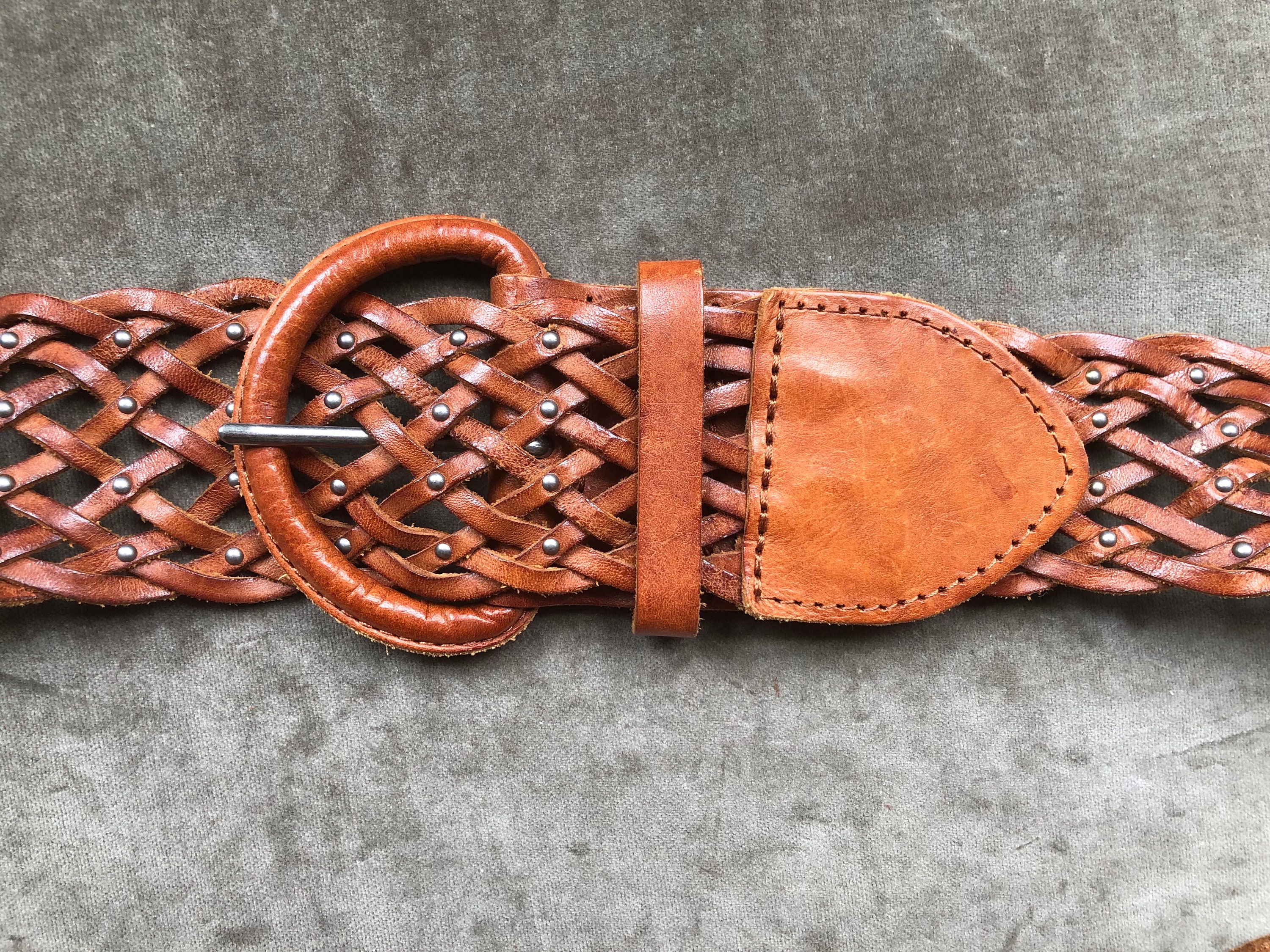 Sheer Woven Leather Tan Honey Brown Wide Belt 1990s Vintage
