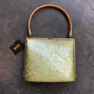 Vintage Japanese Yellow Green Silver Gold Scattered Metallic Foil Patent Leather Handbag Kimono Purse Snap Top Box Clutch Small Bag Japan ob