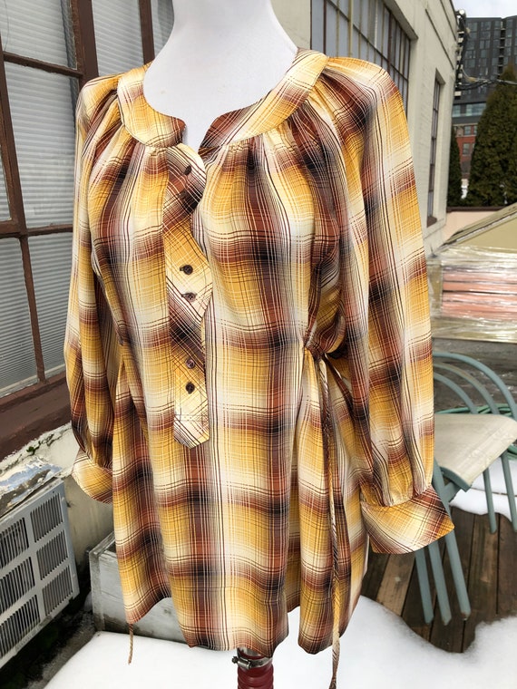 Silk Yellow Ivory Brown Plaid Print Puff Crop Sle… - image 2