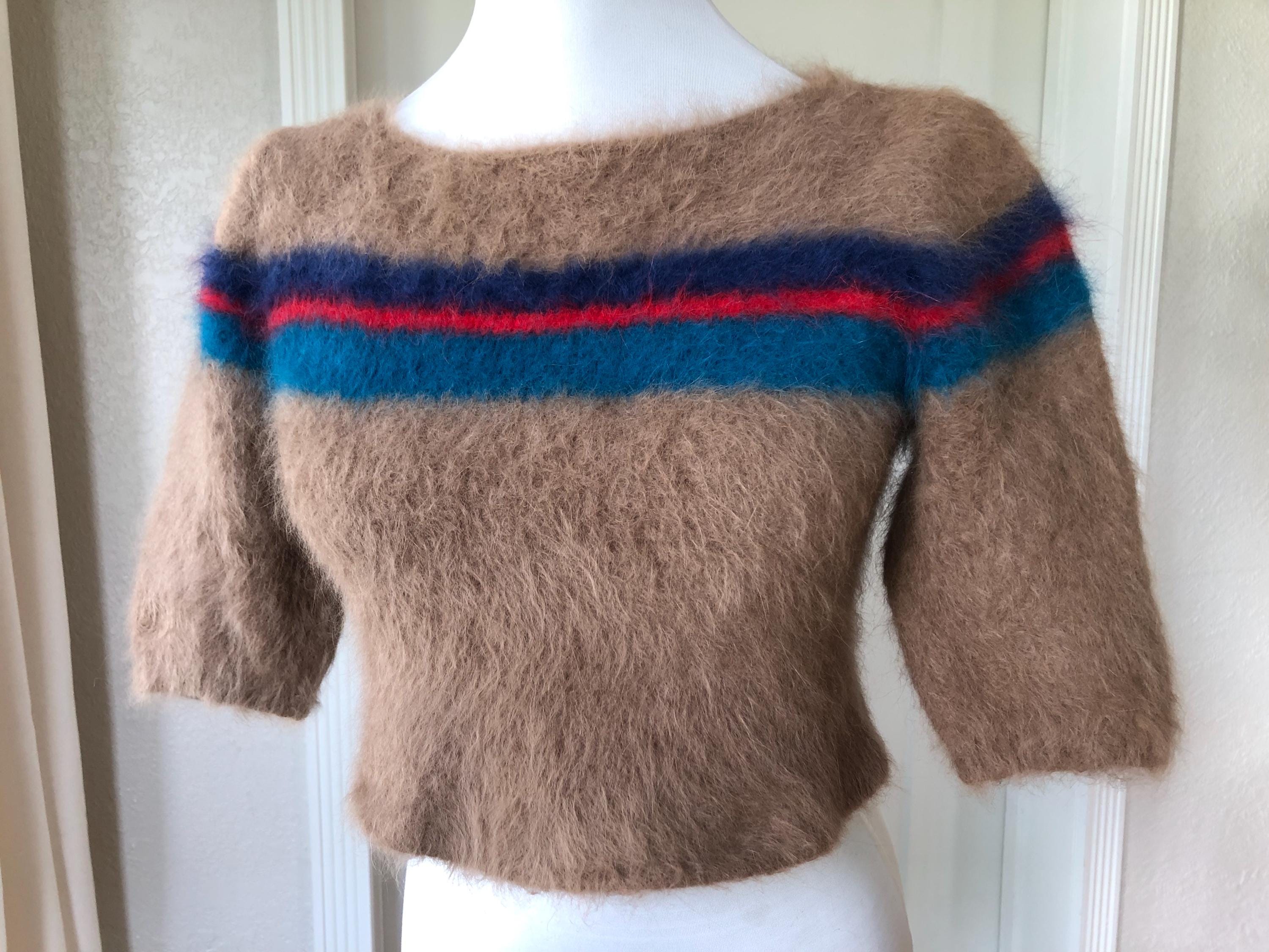 1970s 80s Fuzzy Angora Knit Taupe Beige Blue Teal Red Stripe Short