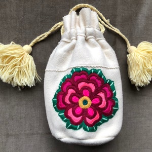 Kordelzug Geldbörse Beutel Tasche Tasche Beuteltasche Beuteltasche Hippie Design 1990er 90er Jahre Vintage Südamerika Peru Guatemala Applikation