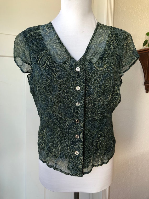 Silk Crinkle Sheer Chiffon Dark Green Paisley Flo… - image 4