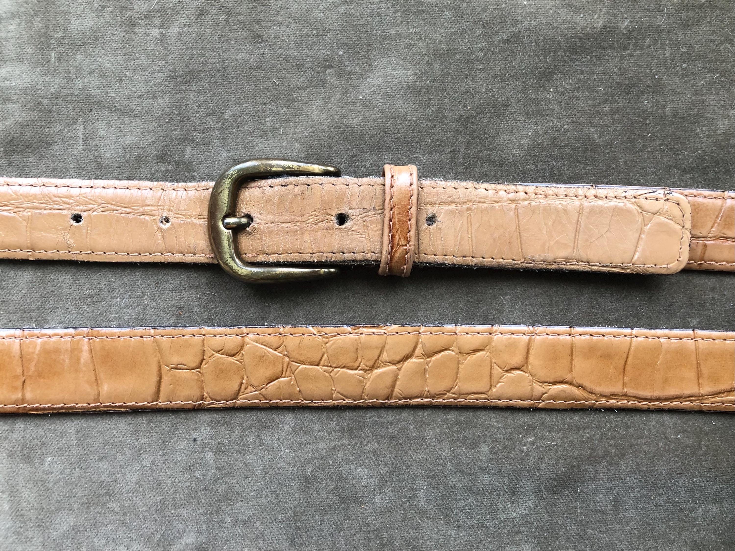 80s Skinny Tan Cream Leather Croc Embossed Western Dress 